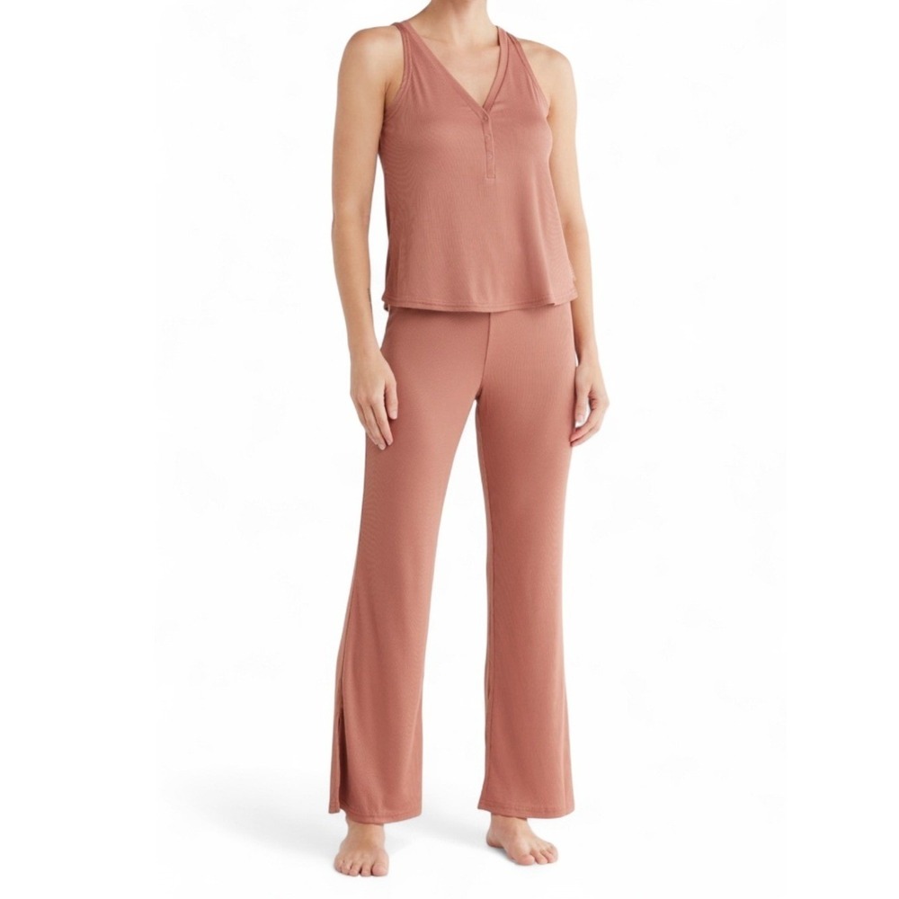 Danskin Natural Bronze Ribbed V Neck Henley Tank Pajama Set, Women's Size L